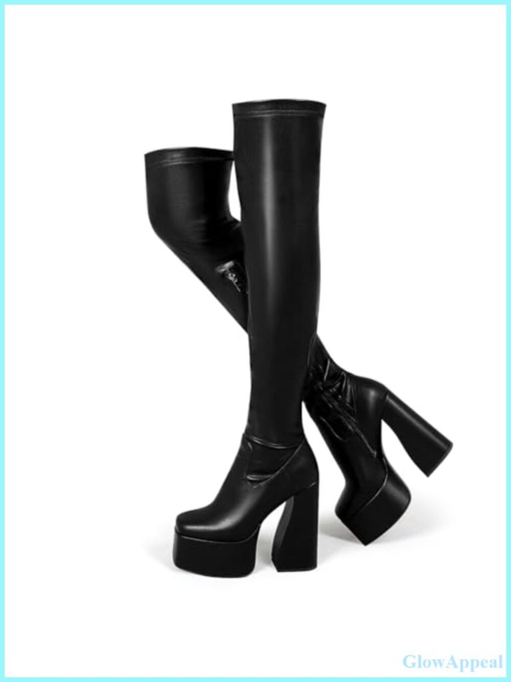 Platform Thigh High Boots Chunky Block Heel Over Knee Stretch PU Faux Leather